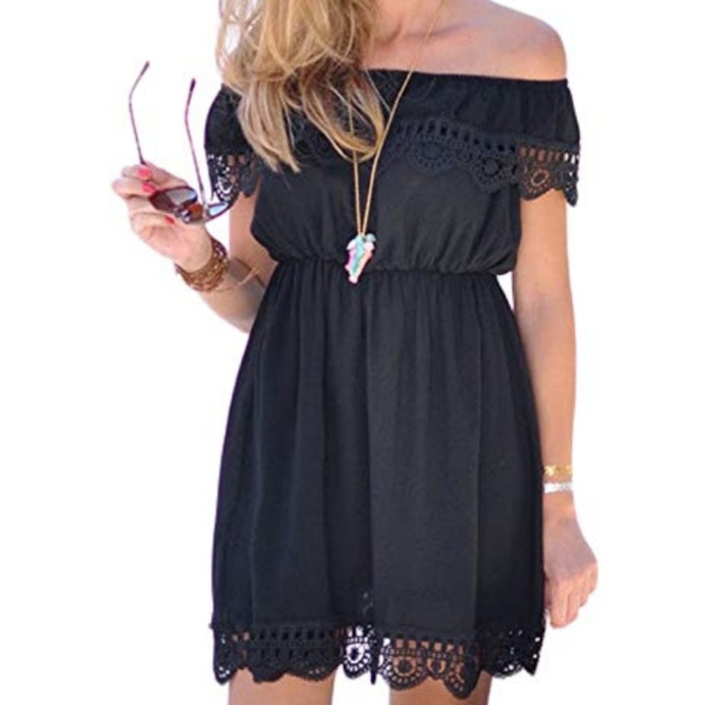 Off-Shoulder Black Lace Hem Mini Dress